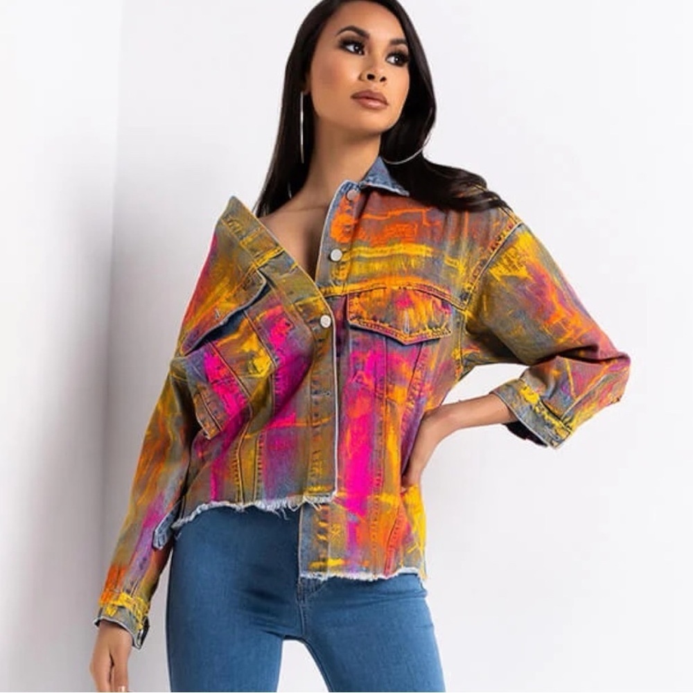 Beulah Splattered Paint Pollock Painted Oversized Distressed Denim Jean Jacket